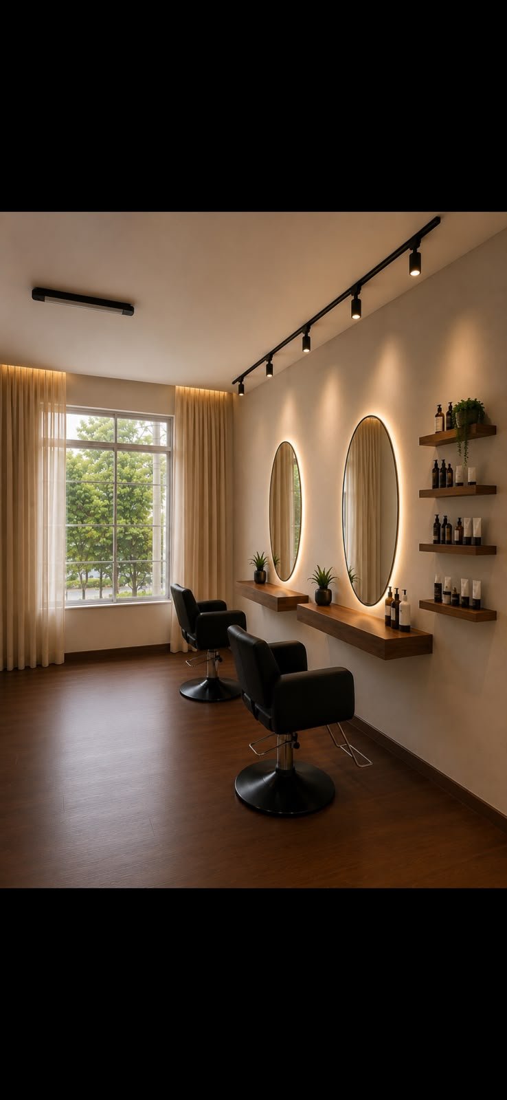 Estações de atendimento da Thais Hair com espelhos iluminados